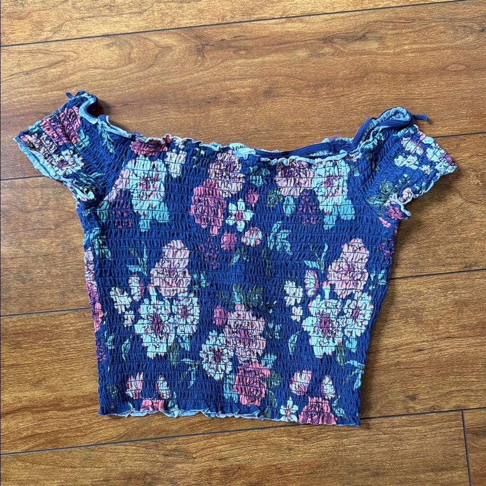 Garage Blue Floral Smocked Blouse y2k